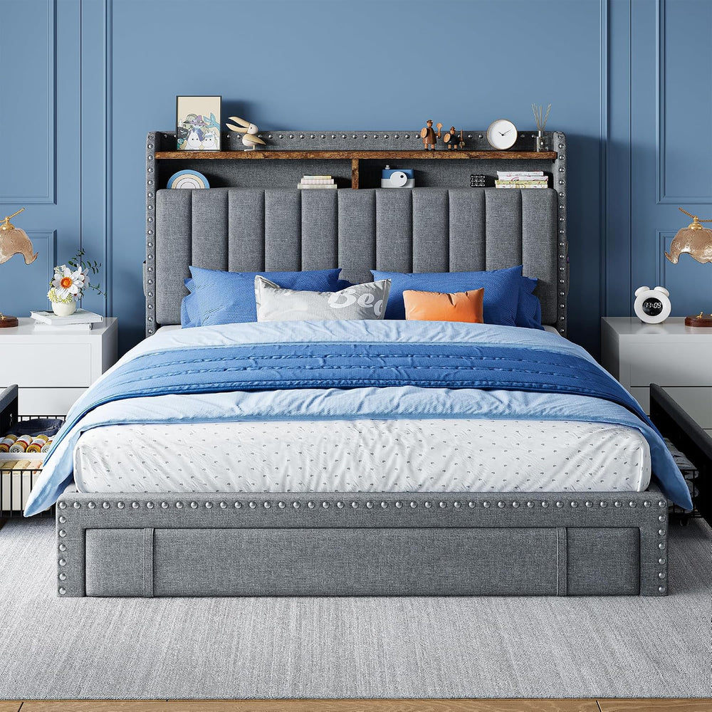 EnHomee Full Bed Frame with 2 Drawers & 2-Tier Storage Headboard Shelf