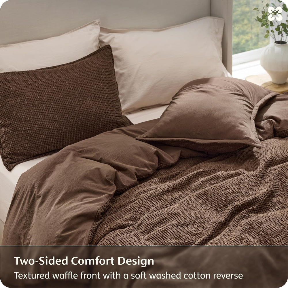Bedsure PureWoven Space-Dyed Cotton Waffle Duvet Cover Set, King, Brown