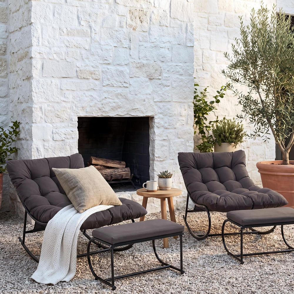 Double Papasan Rocking Chair Set with Ottoman, 2 Pack, Grey