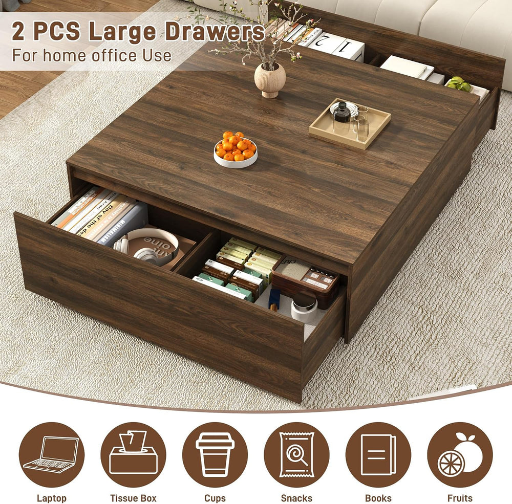 47 Inch Large Square Coffee Table with Storage,Wooden Coffee Table((Walnut)
