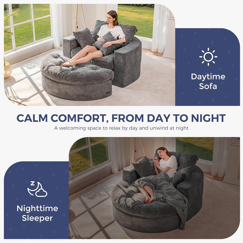 MAXYOYO Oversized Round Chaise Lounge Sofa, Boneless Chair with Ottoman