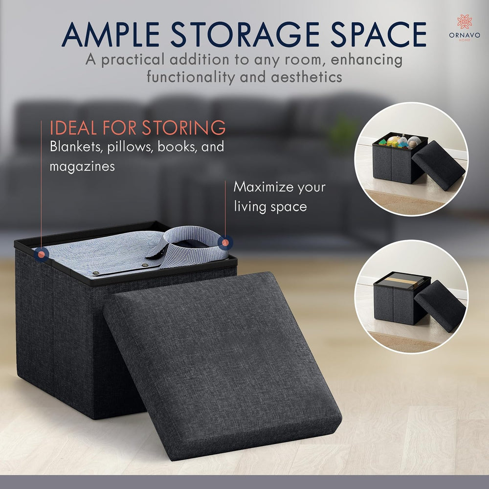 Ornavo Home Small Square Storage Ottoman, Set of 2, 12x12x12, Black