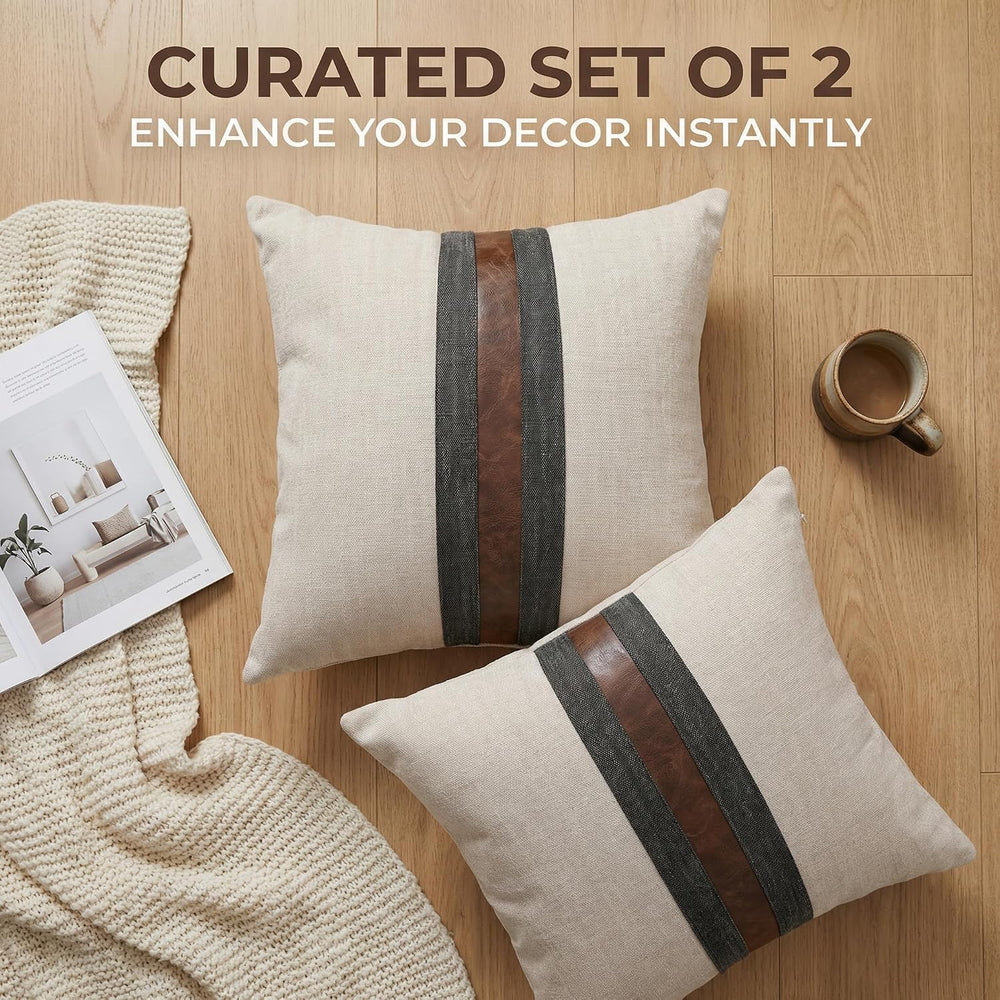 Set of 2 Leather Throw Pillow Covers Cotton Linen Decor Patchwork Pillow Cove...