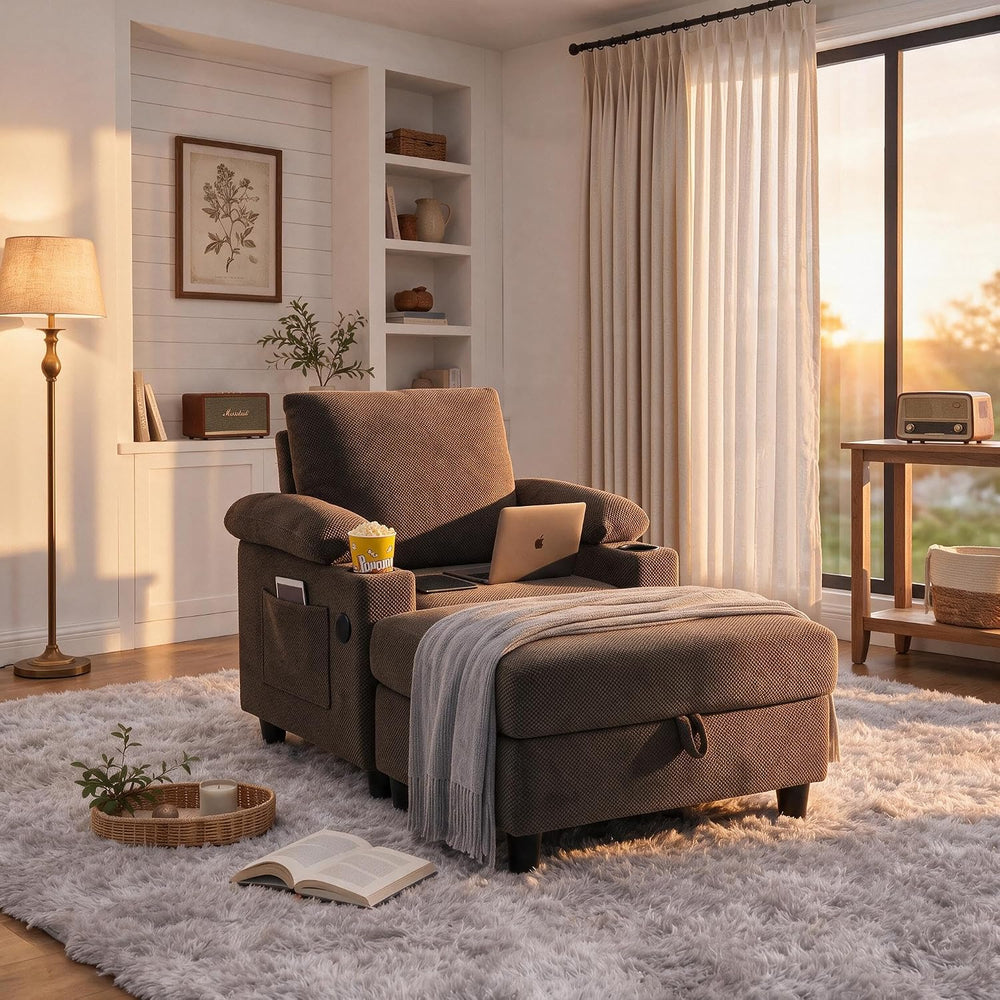 Convertible Sleep Chair with Ottoman, 5 in 1 Single Sofa, Coffee
