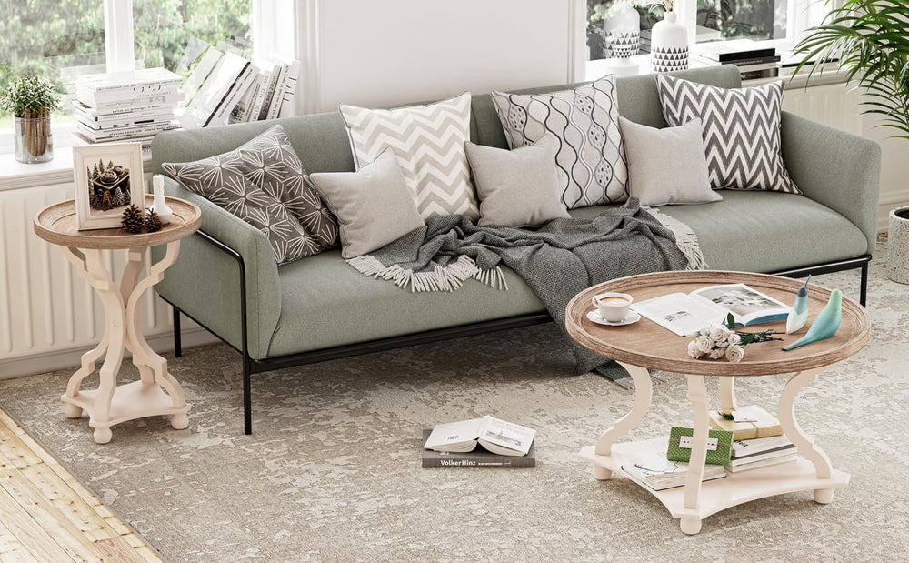 COZAYH Coffee Table - Round Farmhouse Coffee Table - Wood Tray Top, White