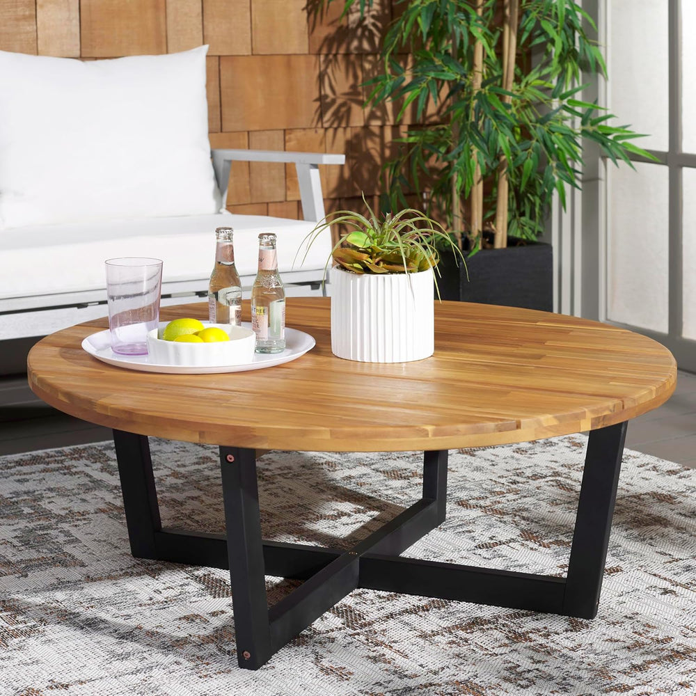 SAFAVIEH Outdoor Leo Wood Coffee Table, 39.4" Natural/Black PAT7320B