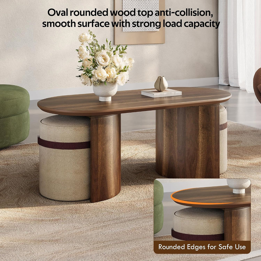 Merax 3-Piece Oval Coffee Table Set with 2 Nesting Ottoman Stools, Brown