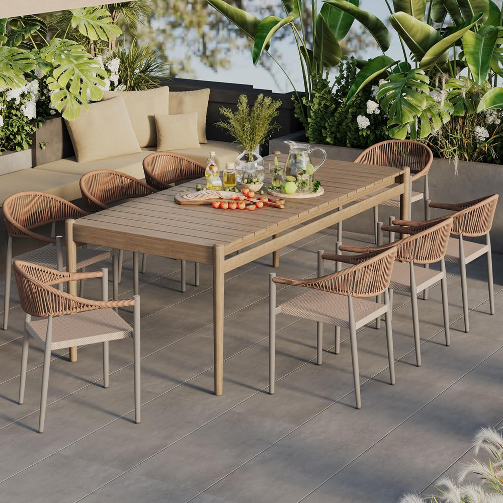 8 Pcs Stackable PE Rattan Patio Dining Chairs with Arms, Light Brown