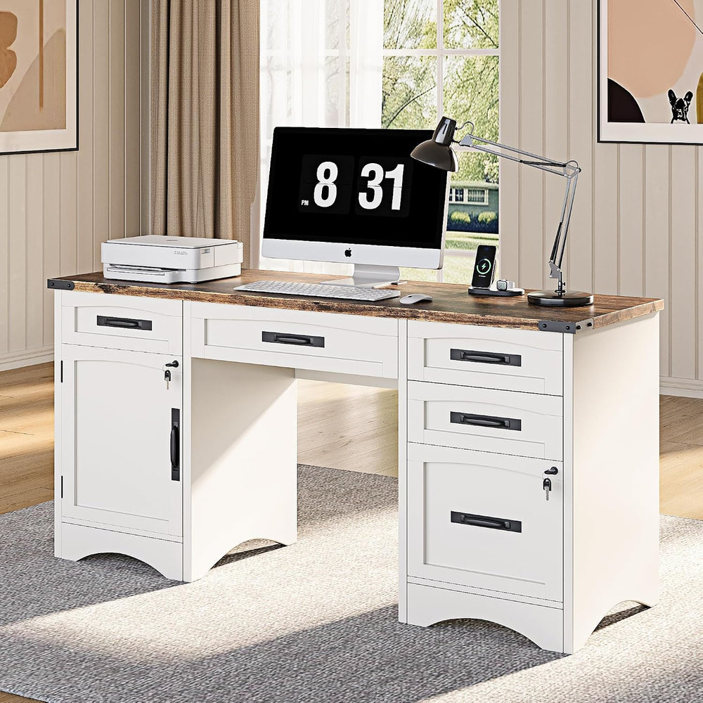 Decofy 55" Farmhouse Executive Desk with Drawers, White