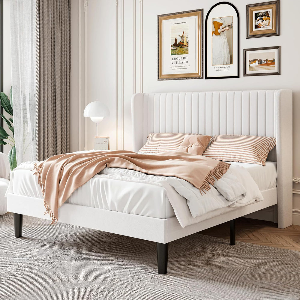 SHA CERLIN Full Size Velvet Bed Frame, Tufted Wingback Headboard, White