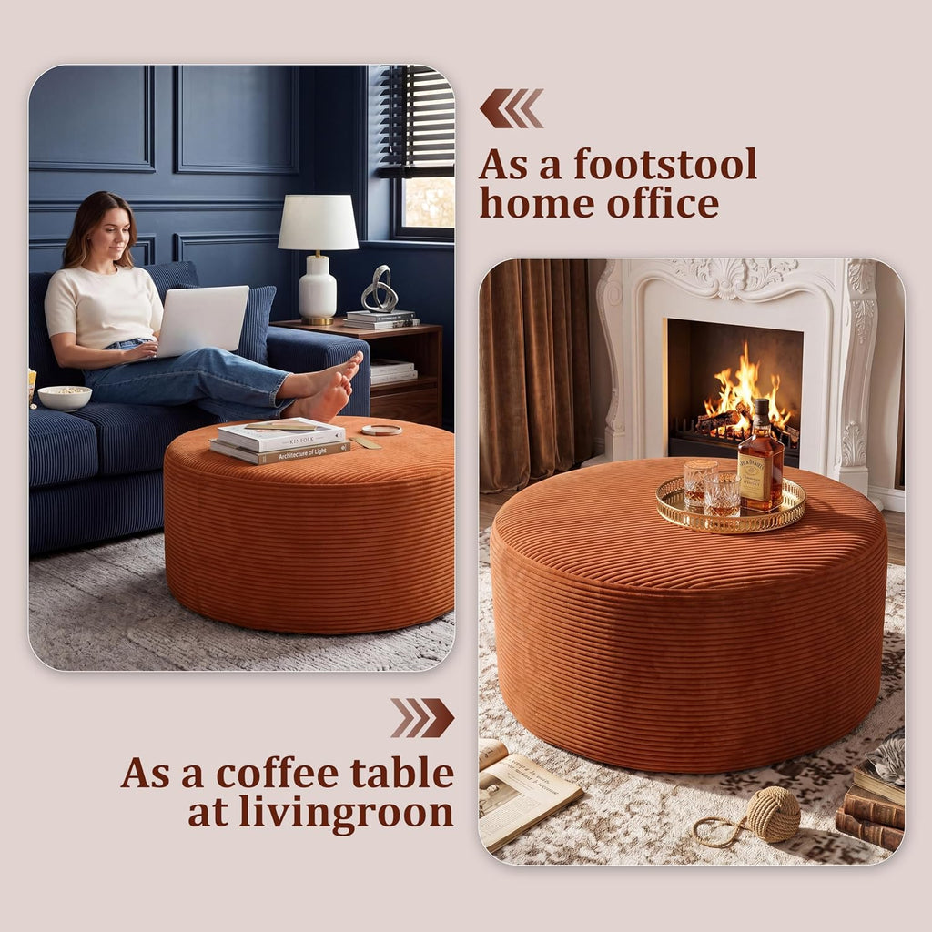 BSHOMGI Round Ottoman,Corduroy Ottomans Foot Stool, 27.5" Pouf Footstool Ottomans Seat, Round Footrest, Modern Side Table for Living Room Bedroom Home Decor No Assembly Require (Orange, 32")