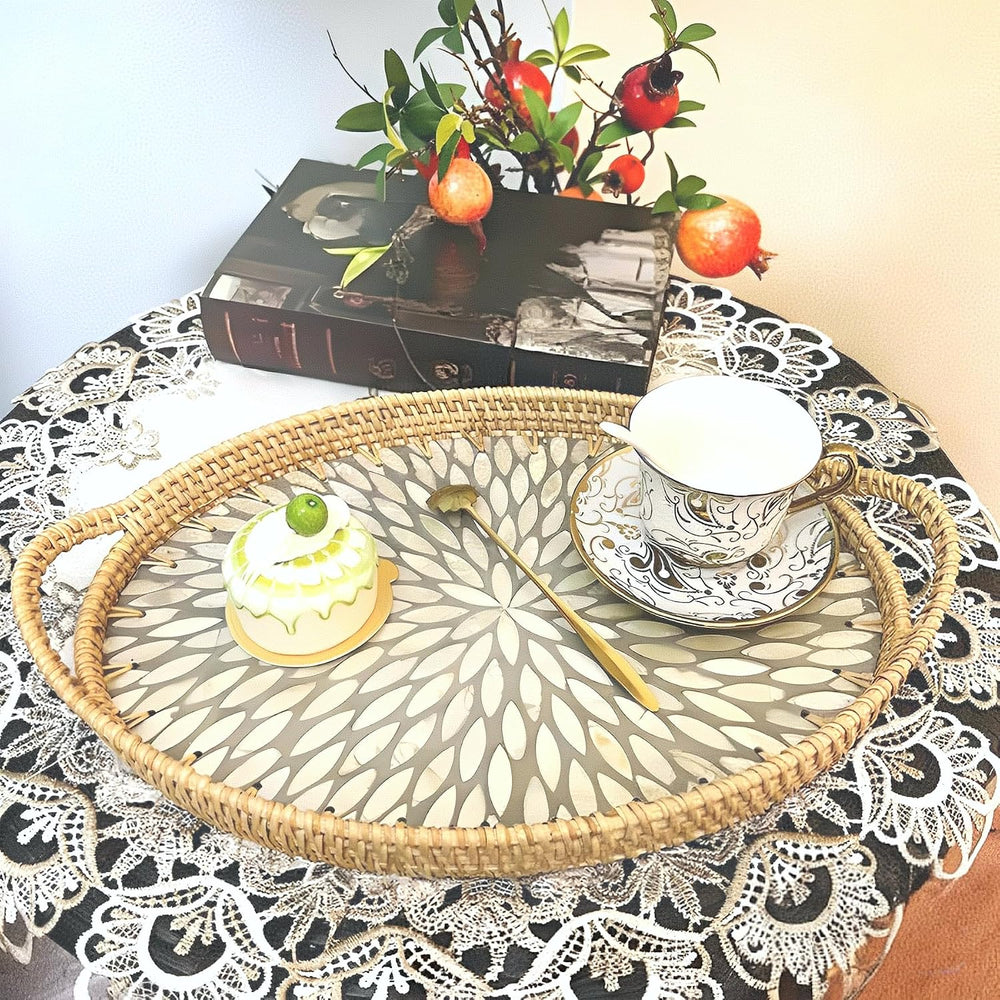 I-LAN 15 Inch Oval Rattan Woven Tray Basket with Beige MOP Wooden Base and Ha...