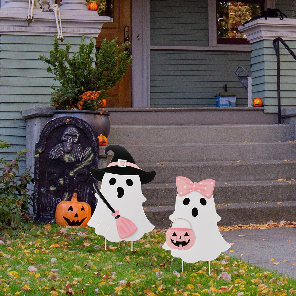 Glitzhome Halloween Ghost Yard Sign Set of 2, Cute Outdoor Ghost with Witch B...