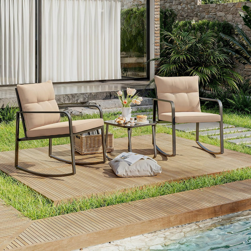 Gizoon 3 Pcs Rocking Bistro Set, Black Steel Patio Furniture,Beige Cushion