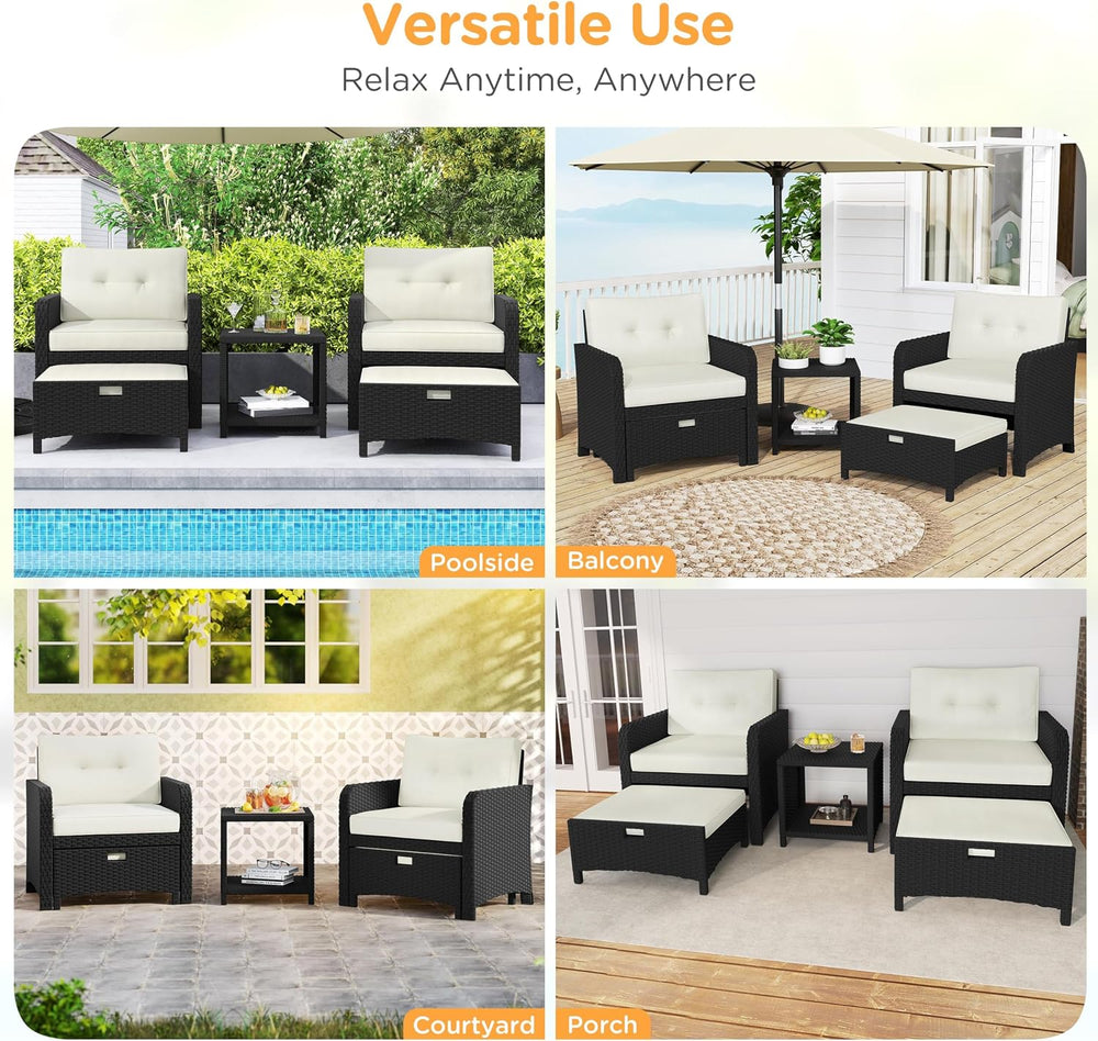 Yaheetech 5 Piece Patio Conversation Set with Ottomans, PE Wicker Balcony Fur...