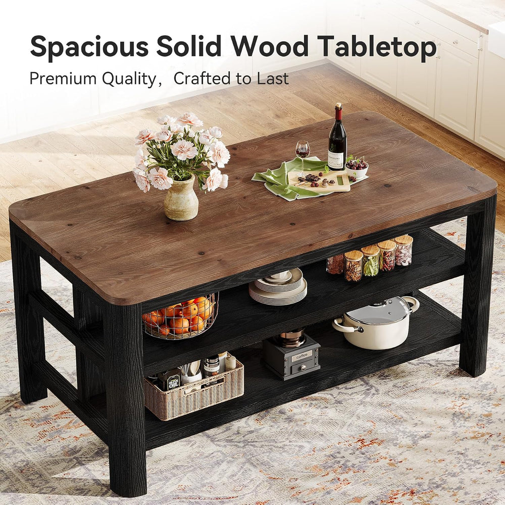 63" Solid Wood Kitchen Island with Storage Shelves, Black