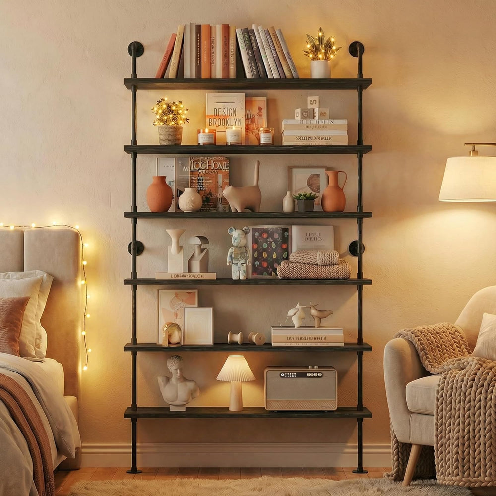 Industrial Pipe Bookshelf, Wall Mounted Shelf, 48 Inch, Black