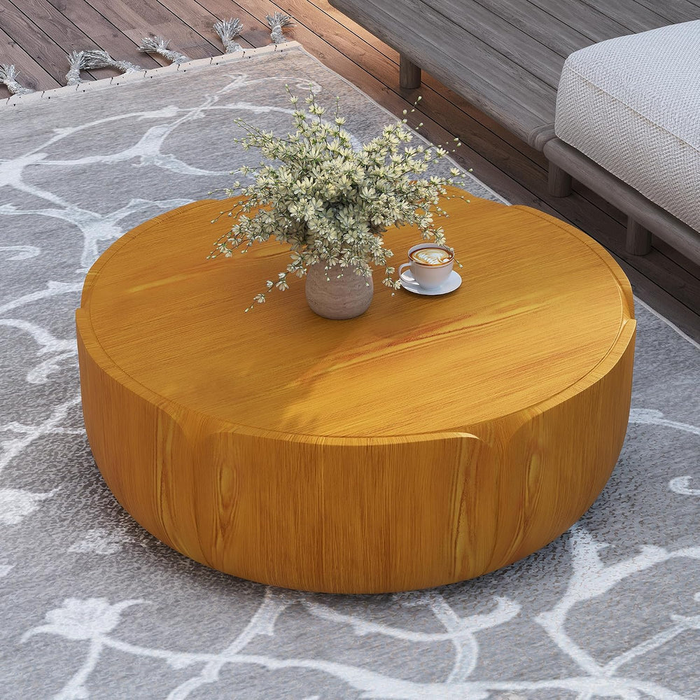 35.63" Round Outdoor Indoor Coffee Table - Modern Wood Grain Drum Center...