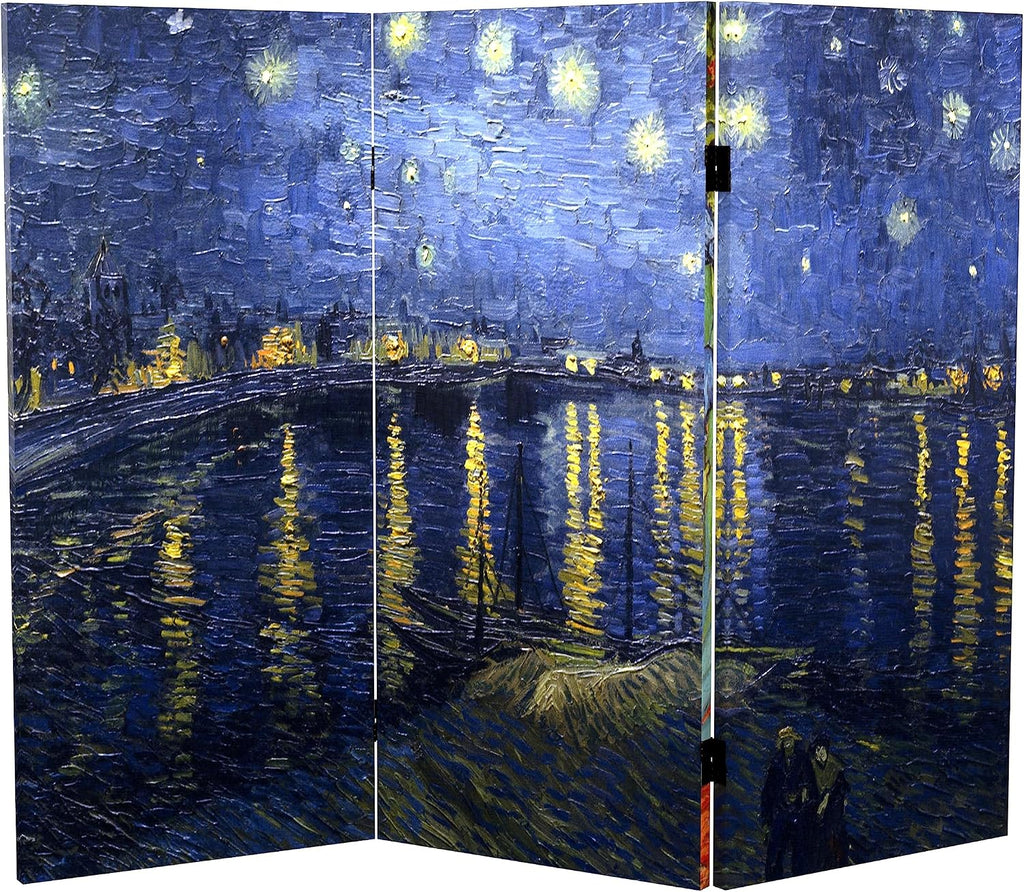 Red Lantern 3 ft. Short Double Sided Works of Van Gogh Canvas Folding Screen Irises/Starry Night Over Rhone 3 Panel Freestanding Partition and Separator for Modern and Contemporary Bedroom Home Office