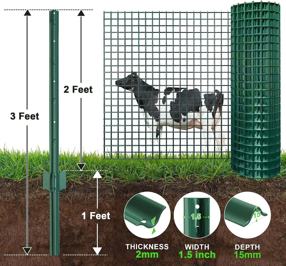 Fence Post 3 Feet / 36 Inch, Pack of 10, Heavy Duty Metal Fence Posts, No Dig...