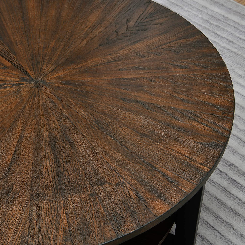 Round Coffee Table with Storage Shelf, Farmhouse Living Room Cocktail Black M...