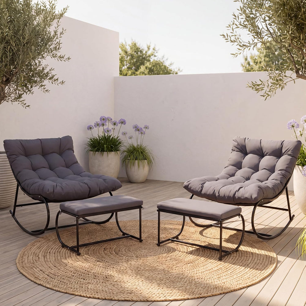 Double Papasan Rocking Chair Set with Ottoman, 2 Pack, Grey