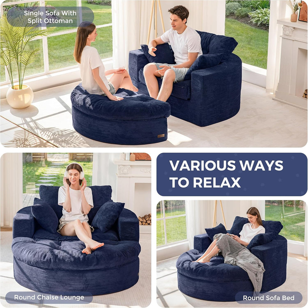 MAXYOYO Oversized Round Chaise Lounge Sofa, Boneless Chair with Ottoman