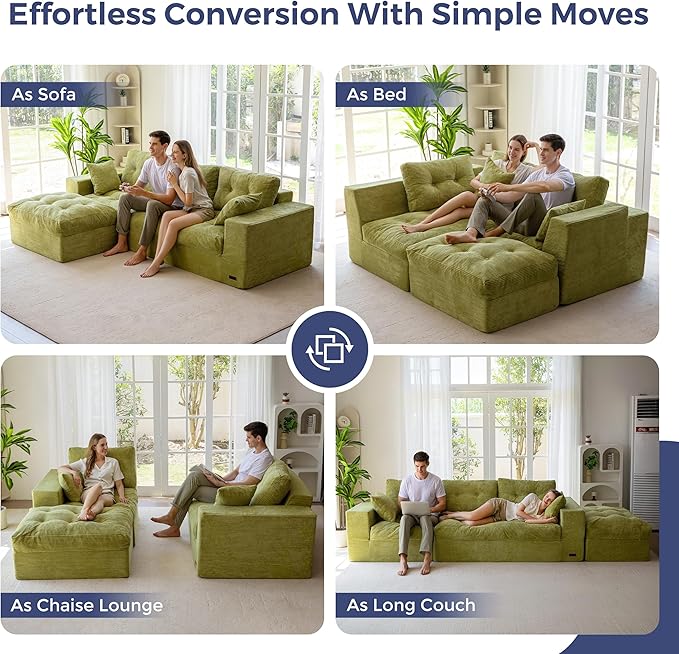 MAXYOYO 104" L Shaped Modular Sectional Sofa with Ottoman, Cloud Couch with Layered Cushion, Upholstered Sofa in a Box, Flexible Module Combination for Living Room, No Assembly, Green