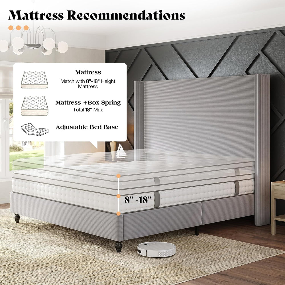 AMERLIFE California King Upholstered Bed Frame with Headboard, Light Grey