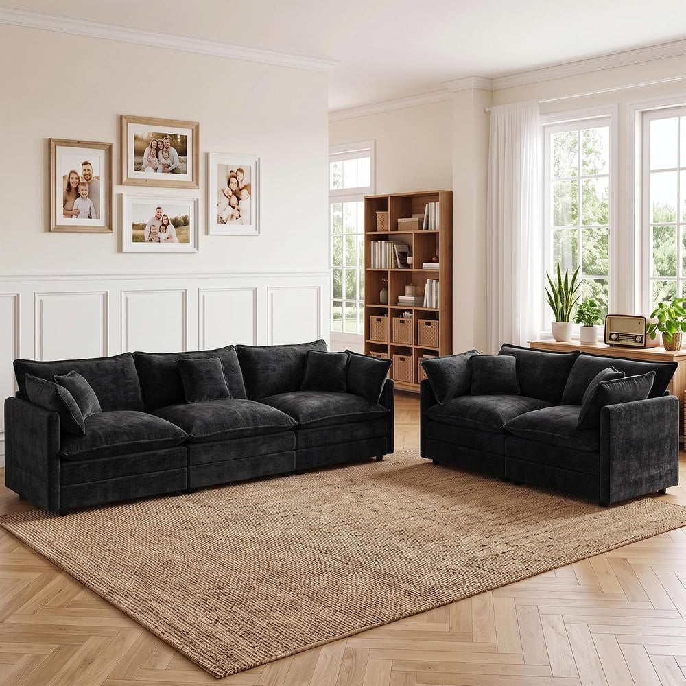 Tmsan Black 2 Piece Modular Cloud Sectional Sofa Couch and Loveseat Set
