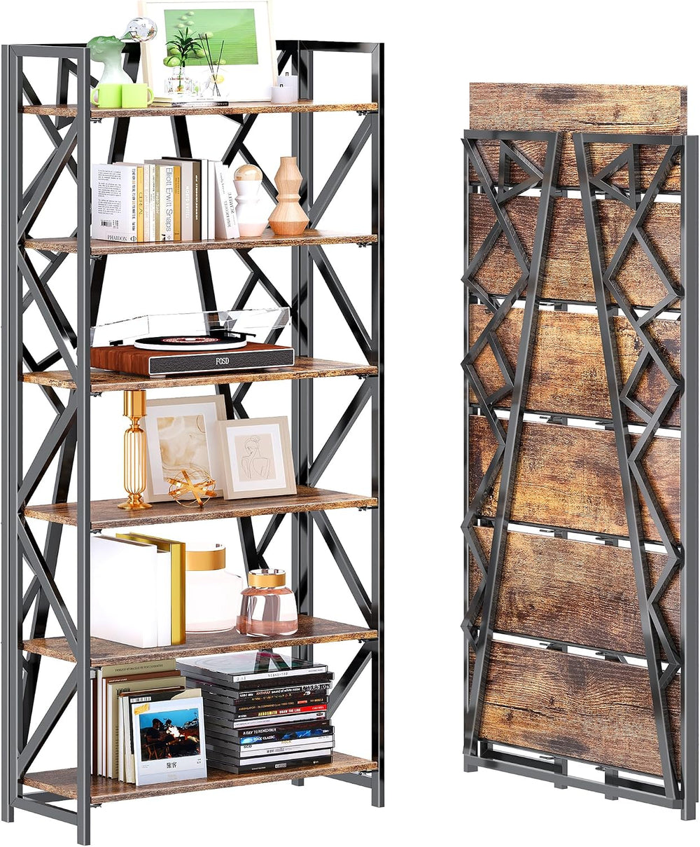 UDD No Assembly Folding Bookshelf, 61.9" H x 23.6" W, 6 Tier Foldab...