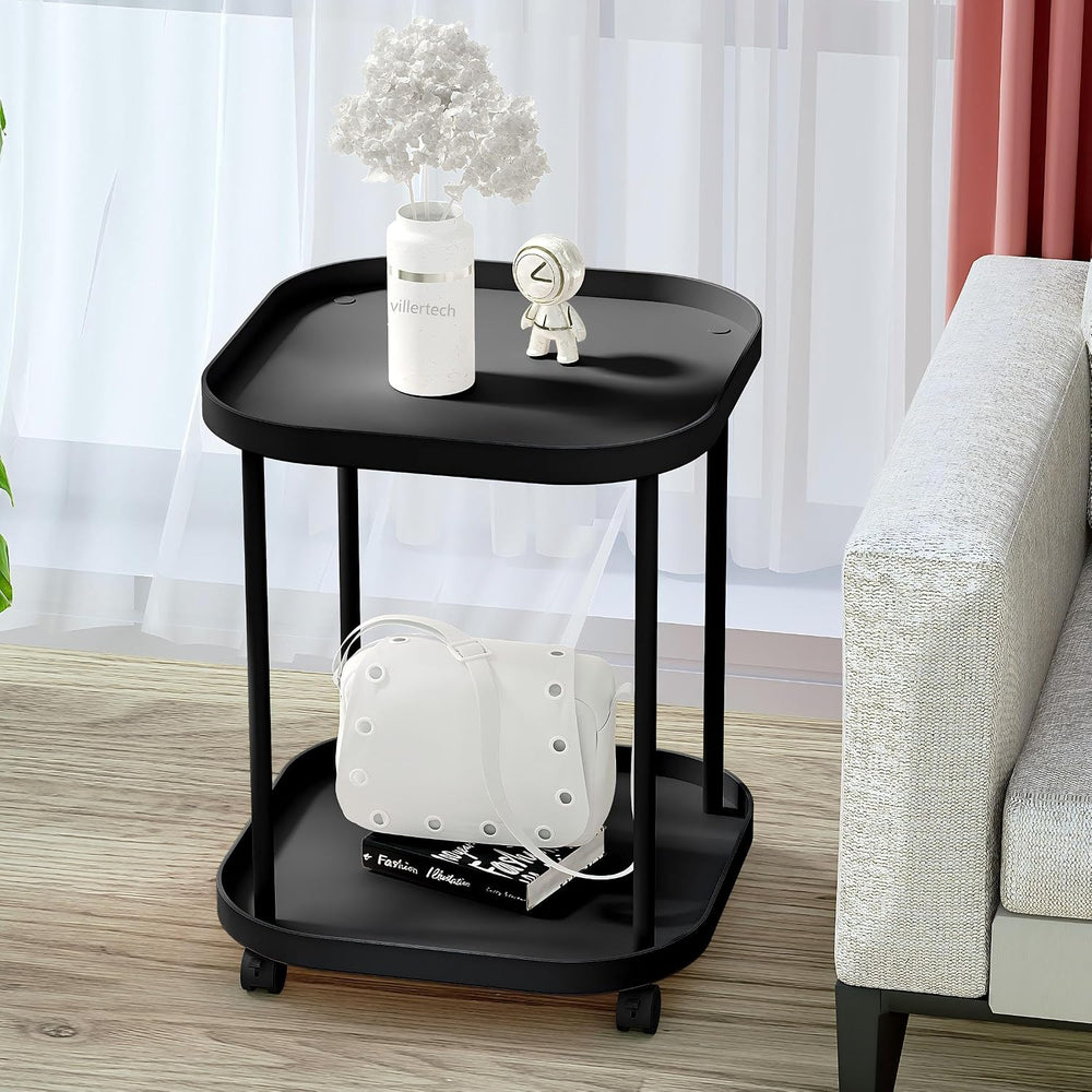 Side Table with Wheels, 2-Tier End Table Small Night Stand