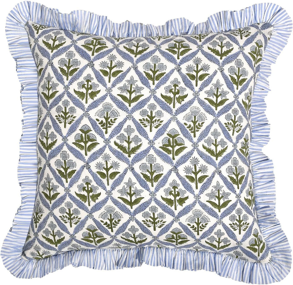 Ridhi Light Steel Blue Block Print Ruffle Pillow Covers 16x16 Inch Set of 2