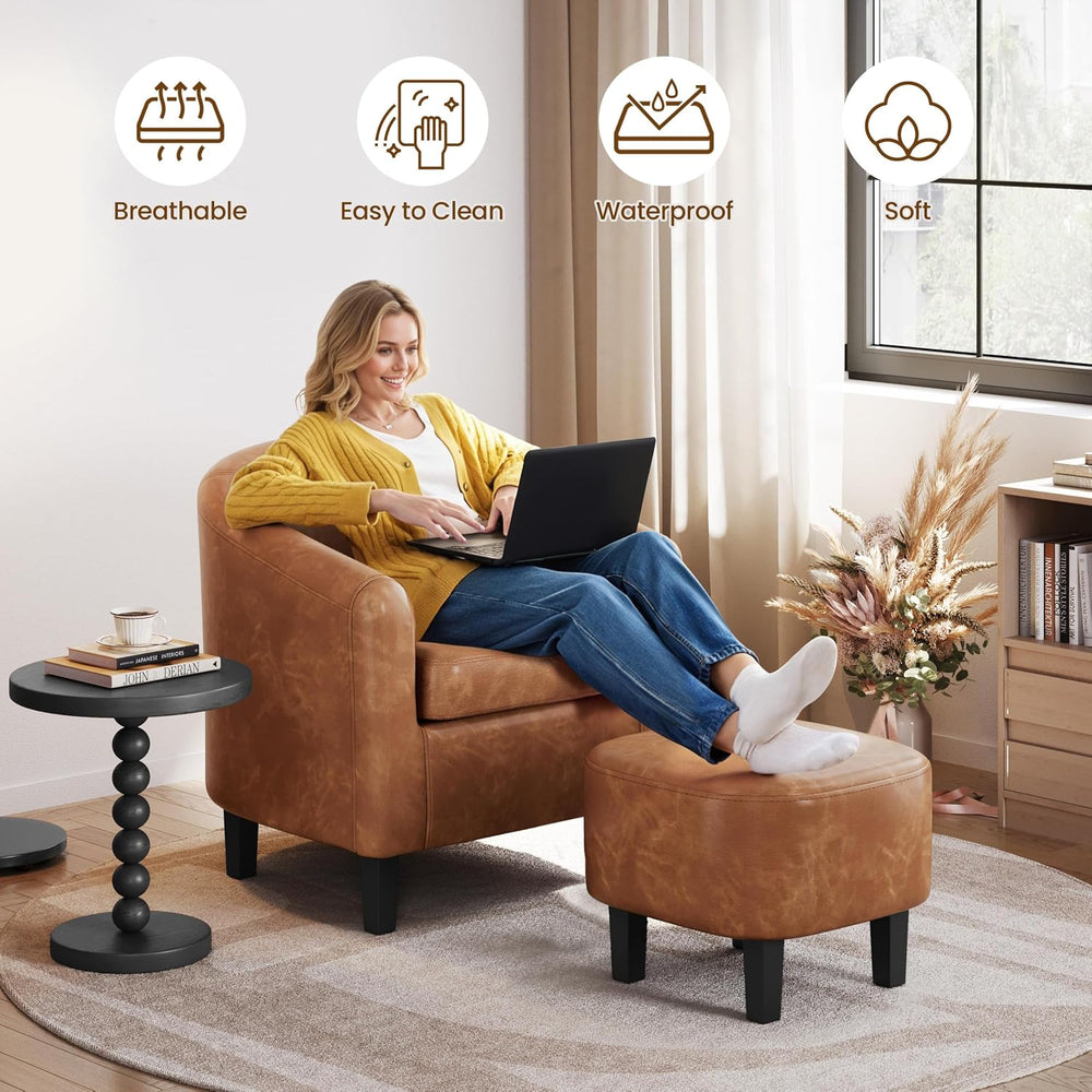 Yaheetech Accent Chairs with Ottoman, Faux Leather Barrel Chairs, Brown
