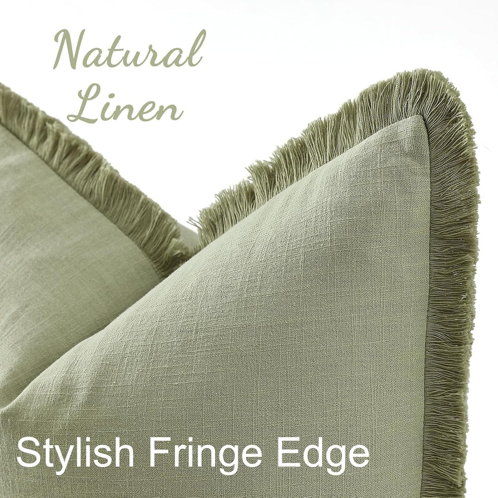 decorUhome Linen Fringe Sage Green Throw Pillow Covers 20x20 Set of 2