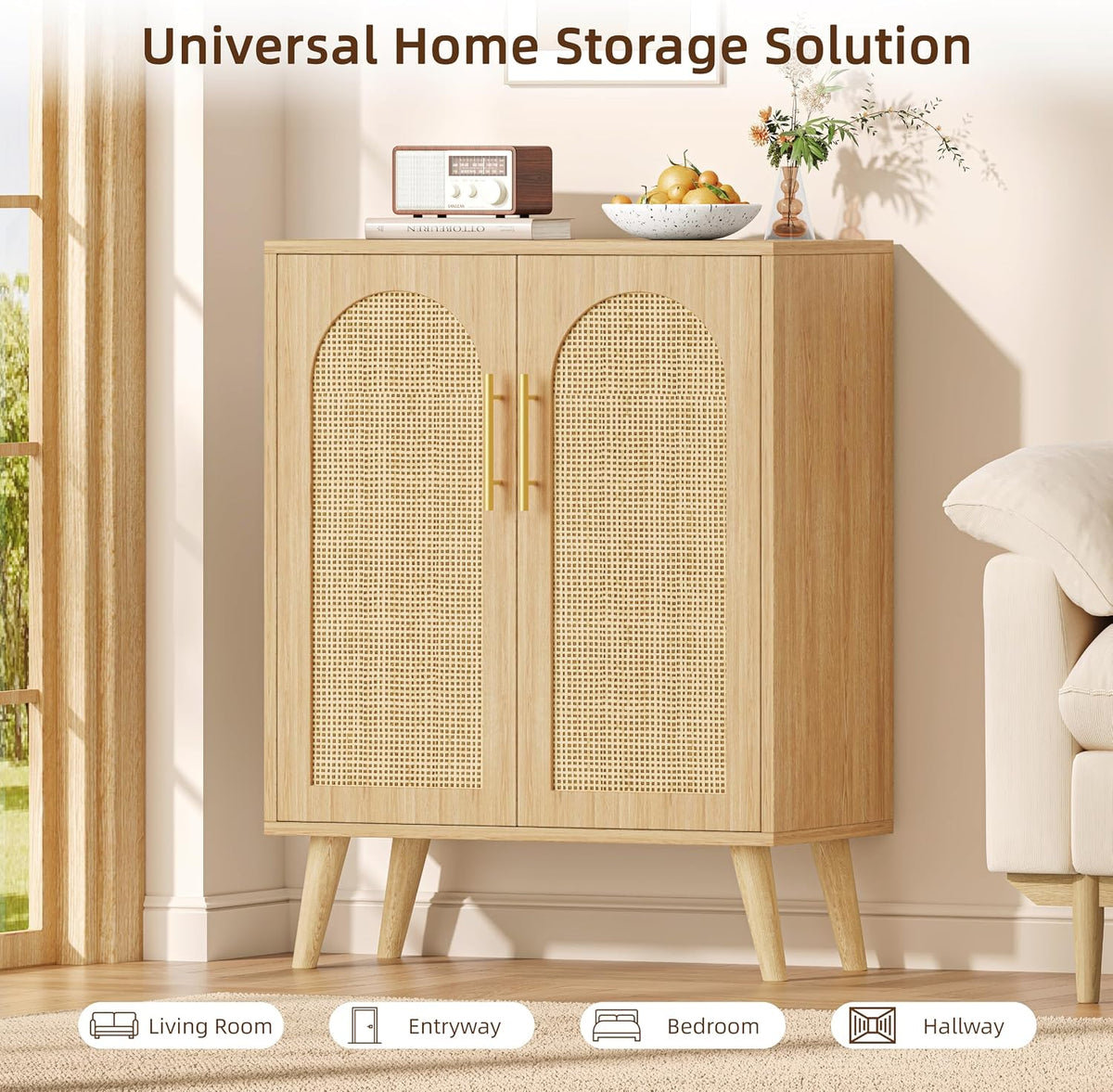 Keehusux Rattan Storage Cabinet with 2 Doors & Adjustable Shelf, Natural