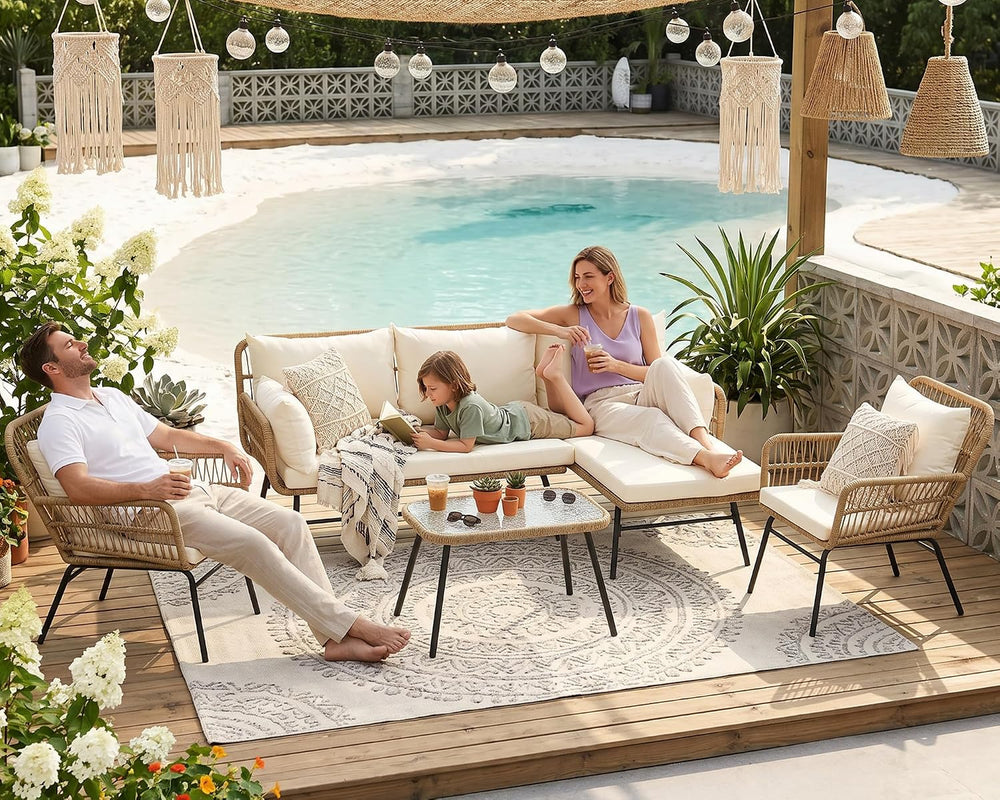 NICESOUL 5Pcs Boho Outdoor Patio Furniture Set, High Back L-Shaped Outdoor Co...
