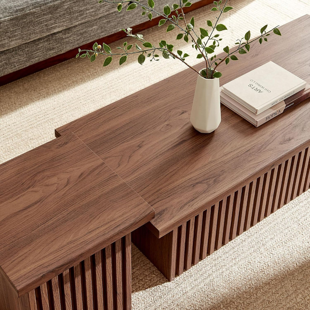 Modway Render Slatted Nesting Coffee Table Set in Walnut - 2 Piece Low Profile Coffee Table Mid Century Modern - Abstract Coffee Tables for Living Room - Nested Accent Tables