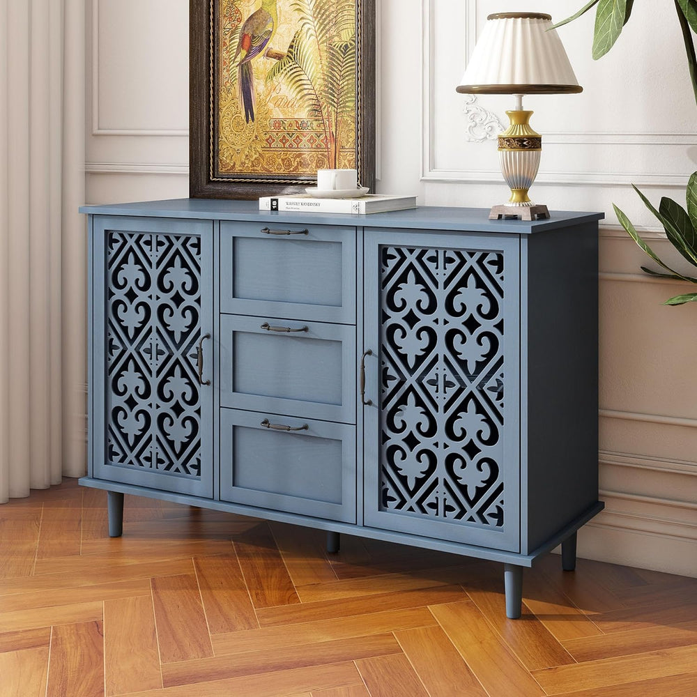 Sideboard Buffet Cabinet, Blue 2 Door 3 Drawer Storage Credenza