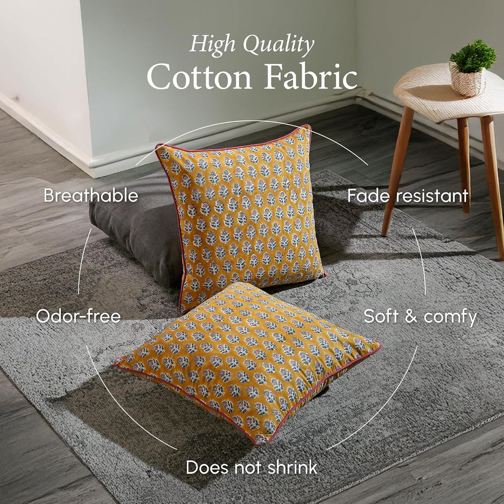 CPC Yellow Citrine Block Print Throw Pillow Covers 18x18 Inch, Pack of 2