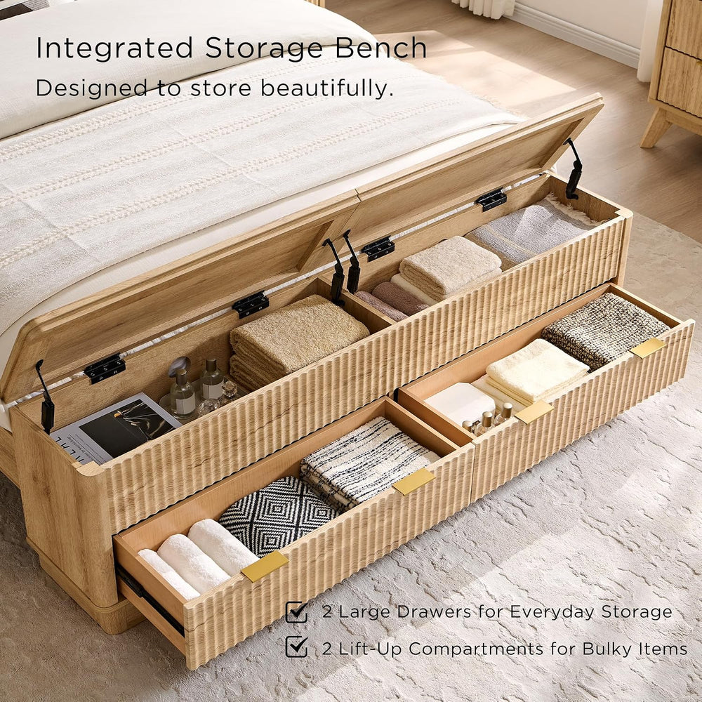 T4TREAM Fluted Queen Bed with Headboard and Storage Bench, Natural Oak