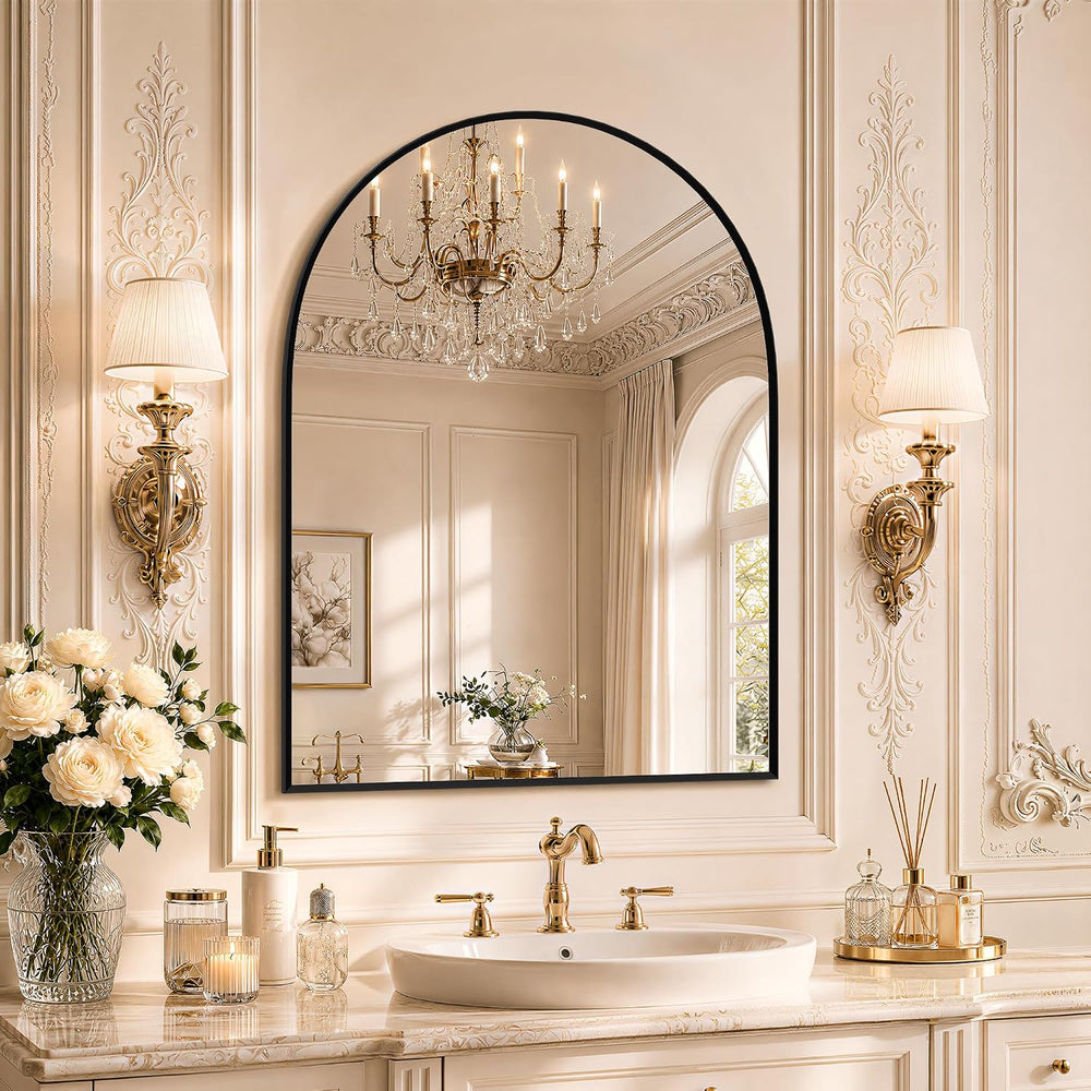 20"x30" Arched Black Bathroom Mirror – Metal Framed with HD Shatter...