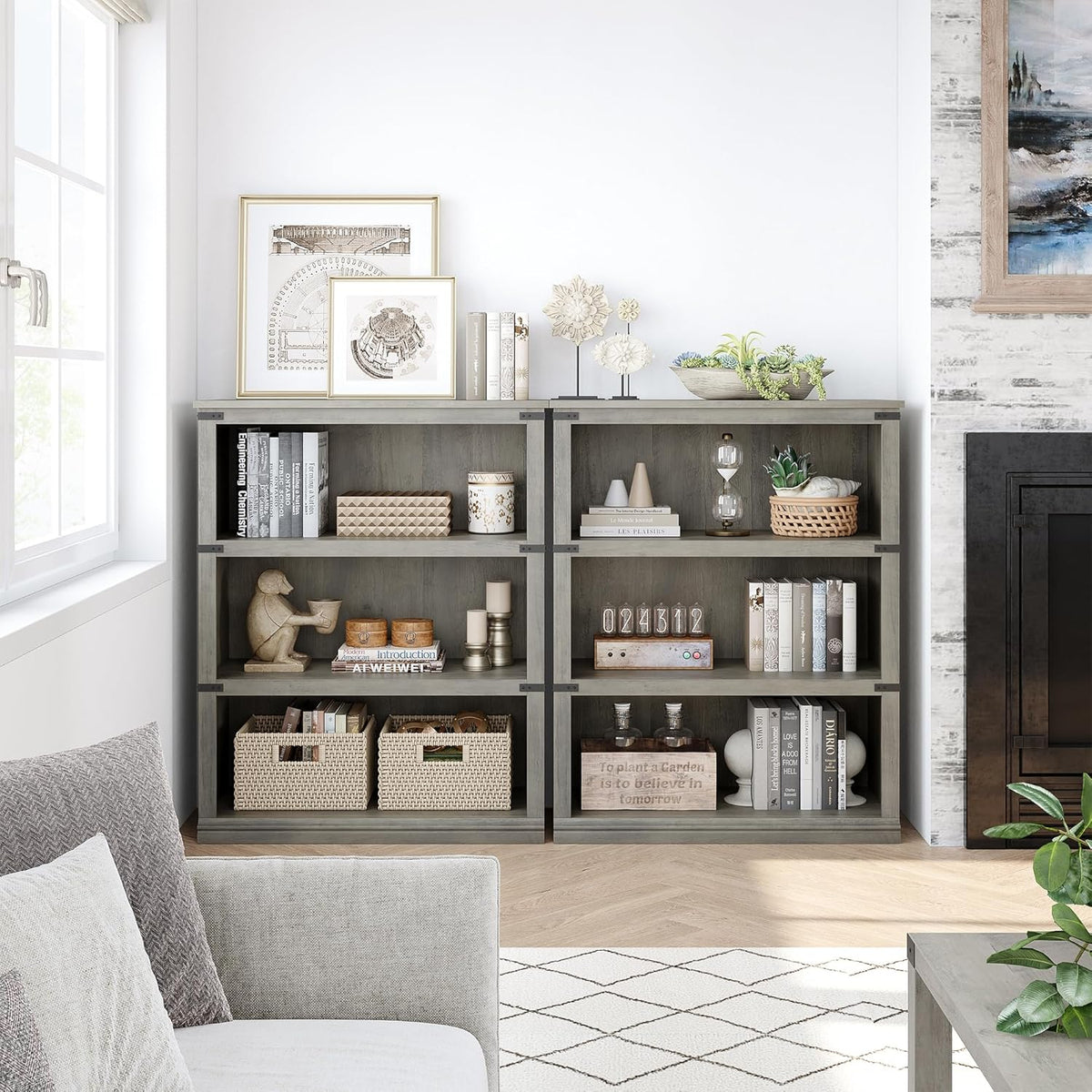 GarveeHome 3 Tier Farmhouse Bookcase, 39.9 in Tall Book Shelf with Storage