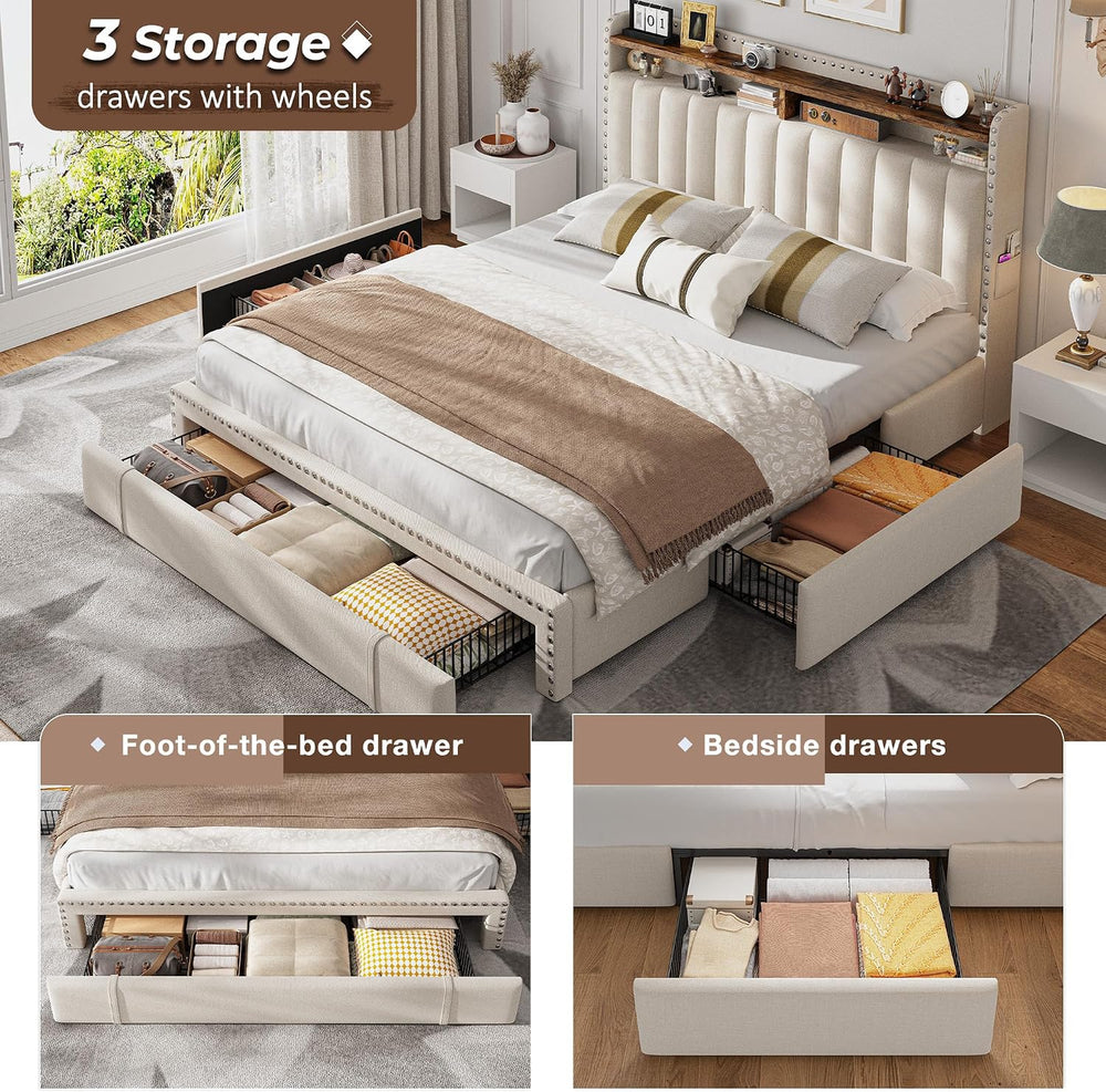 EnHomee Queen Bed Frame with 3 Storage Drawers & Headboard,Upholstered