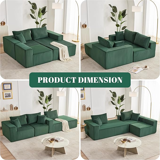 108” Modular Sectional Sofa, Cloud Sectional Couch with Deep Seat, Modern Modular L-Shape Sofa with Chaise,Upholstered Couches for Living Room Bedroom (Corduroy, Green)