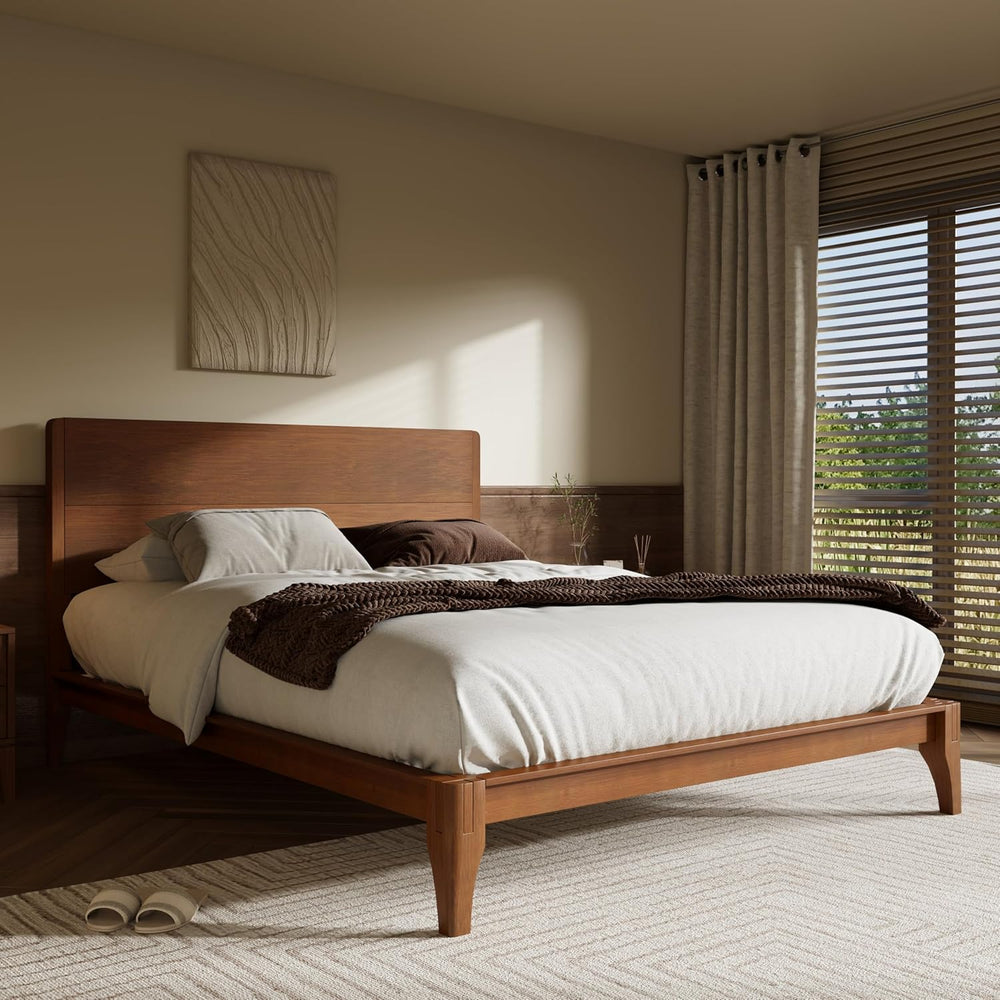 Merax King Size Bamboo Platform Bed Frame with Tall Headboard, Brown
