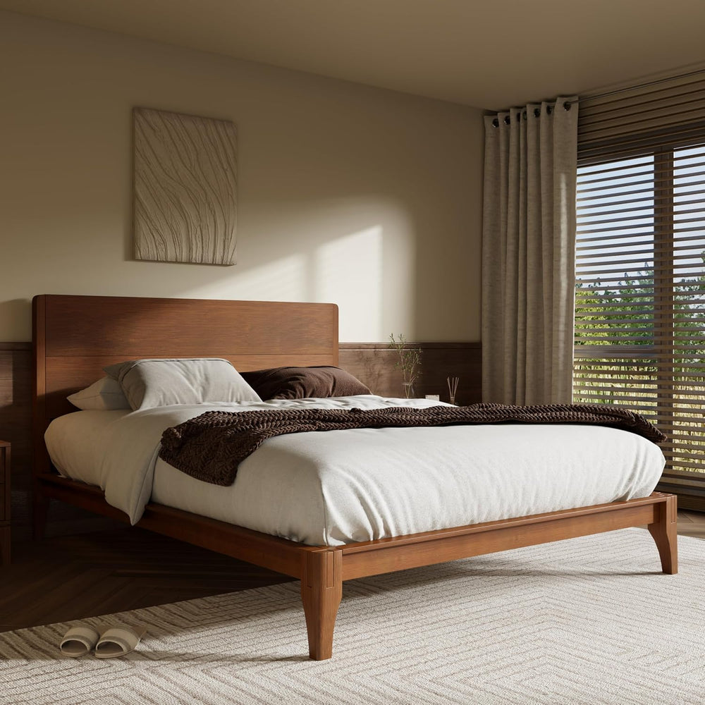 Merax Queen Size Bamboo Platform Bed Frame with Tall Headboard, Brown