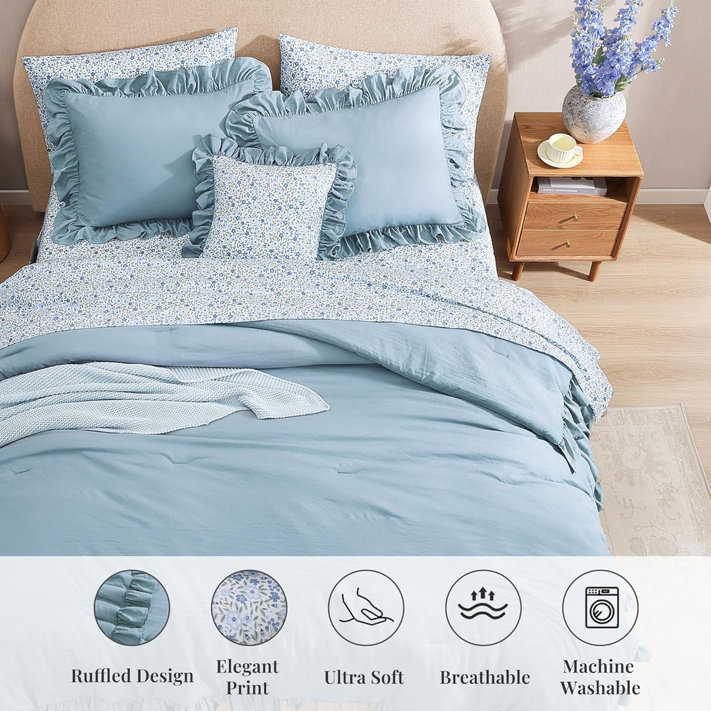 BLOOMHAVEN Queen Comforter Set-7 Pieces Ruffle Bedding with Floral Sheet