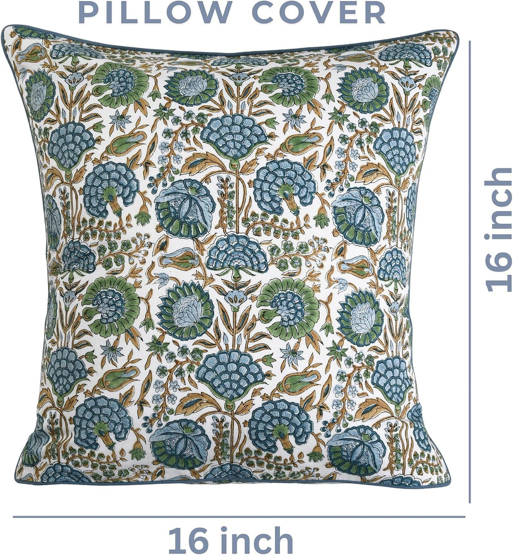 Ridhi Asparagus Green Block Print Cotton Pillow Cover 16x16 Inch Set of 2