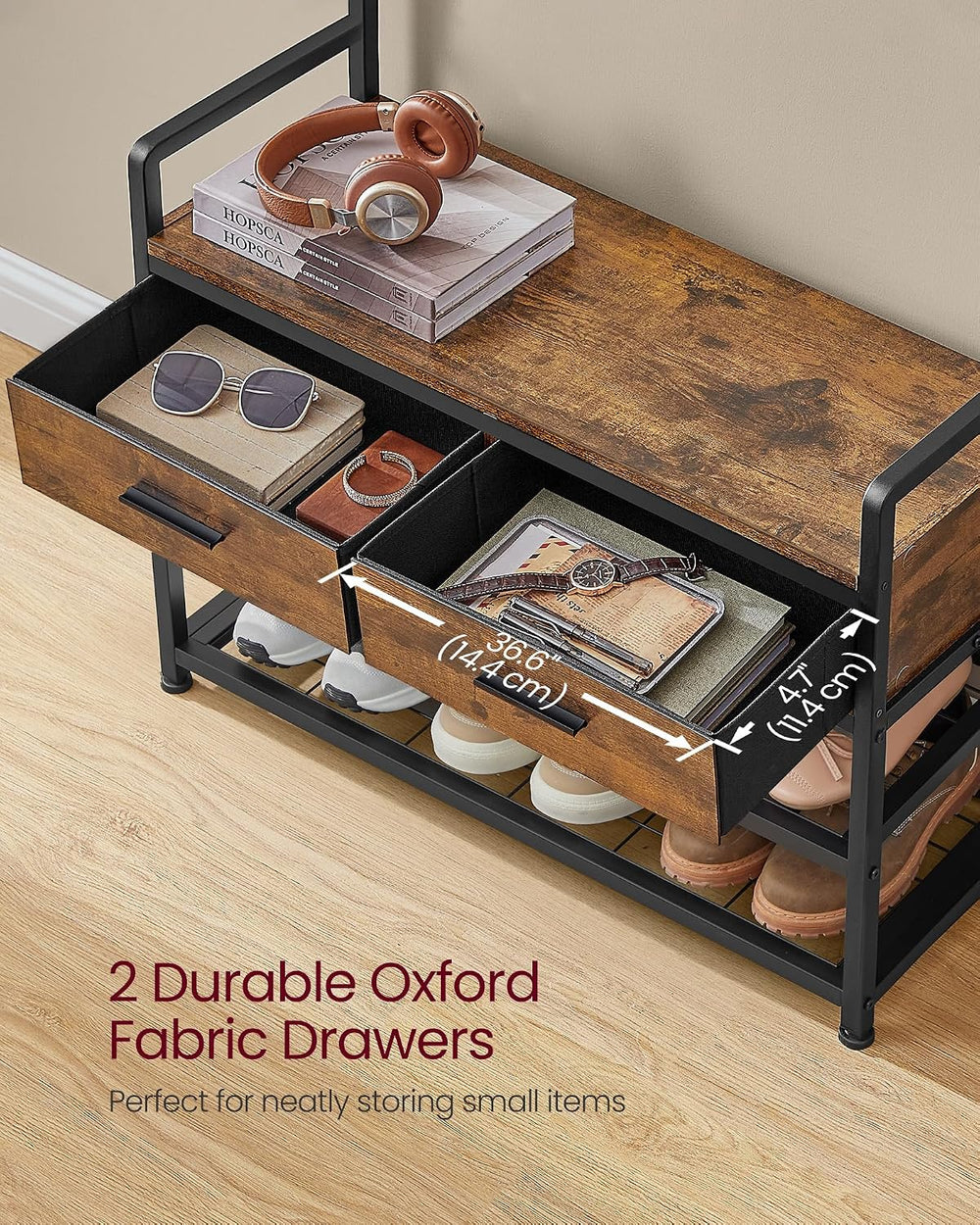 VASAGLE Hall Tree with Bench and Shoe Storage, 2 Fabric Drawers, 10 Hooks